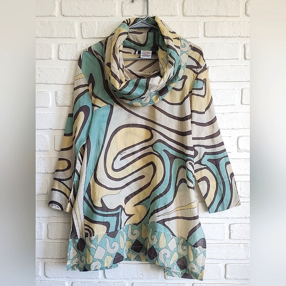 Gretchen Scott Funnel Tunic Top Cowl Neck Blue Bohemian Long Sleeves Size Large - Picture 12 of 12